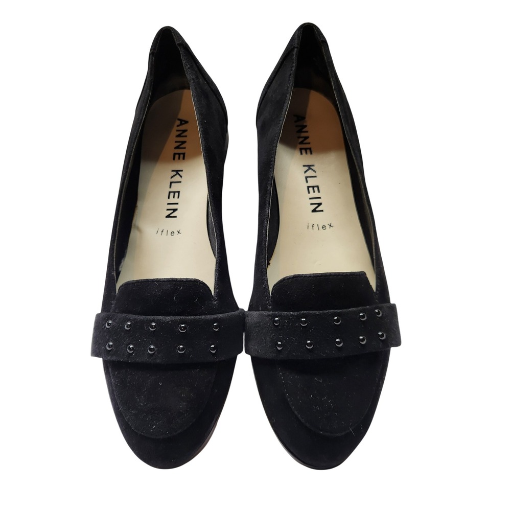 Anne Klein Diamond Black Suede Studded Loafer Flats Womens Size 9M‎ Office Shoe